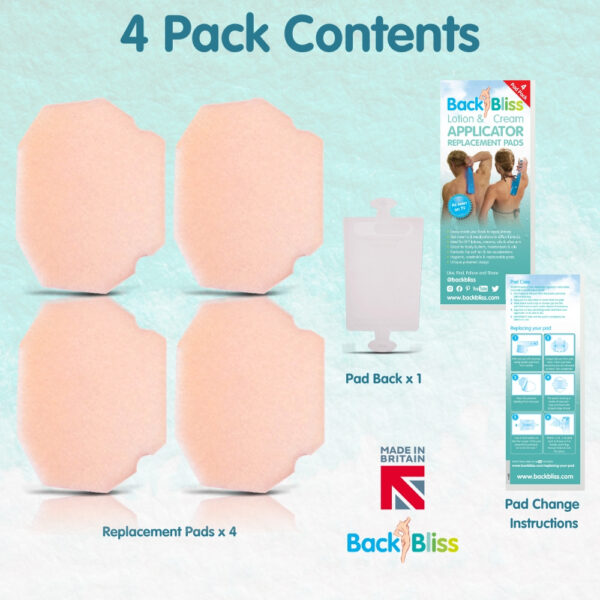 Four replacement washable pads for the BackBliss lotion applicator flatlay.